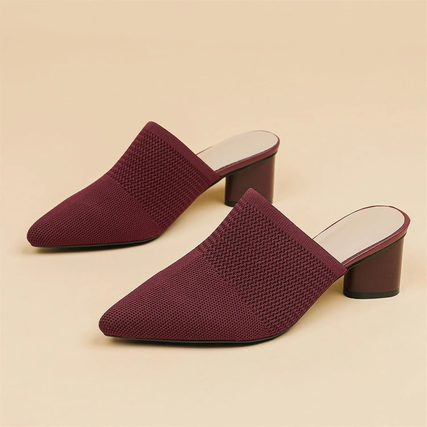 Women’s Knit Closed Pointed Toe Chunky Heel Mules Fashion Mesh Breathable Low Block Heel Pump Sandals Comfortable Slip On Dress Party Shoes