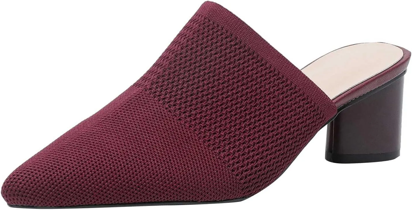 Women’s Knit Closed Pointed Toe Chunky Heel Mules Fashion Mesh Breathable Low Block Heel Pump Sandals Comfortable Slip On Dress Party Shoes