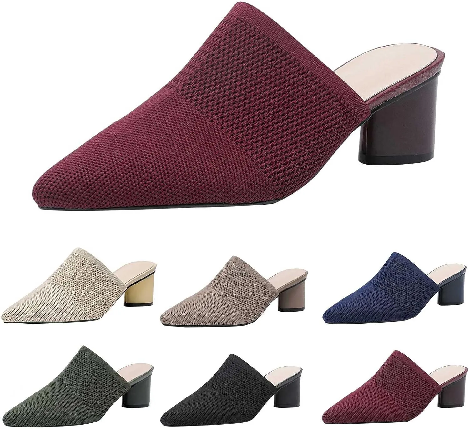 Women’s Knit Closed Pointed Toe Chunky Heel Mules Fashion Mesh Breathable Low Block Heel Pump Sandals Comfortable Slip On Dress Party Shoes