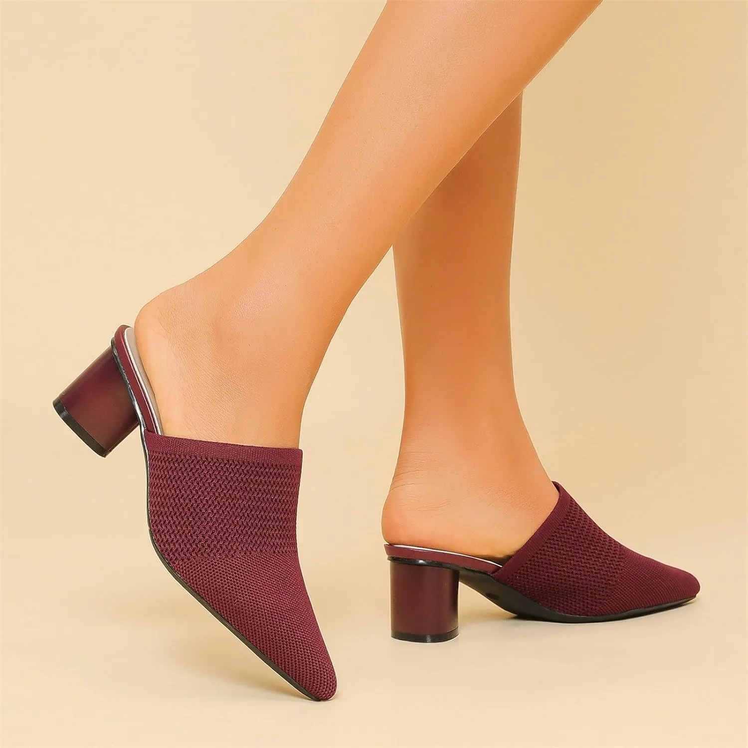Women’s Knit Closed Pointed Toe Chunky Heel Mules Fashion Mesh Breathable Low Block Heel Pump Sandals Comfortable Slip On Dress Party Shoes