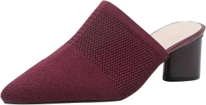 Women’s Knit Closed Pointed Toe Chunky Heel Mules Fashion Mesh Breathable Low Block Heel Pump Sandals Comfortable Slip On Dress Party Shoes