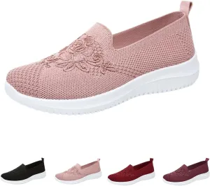 Women's Knitted Embroidery Casual Walking Sneakers,Flower Embroidery Slip On Mesh Breathable Flat MoM Shoes