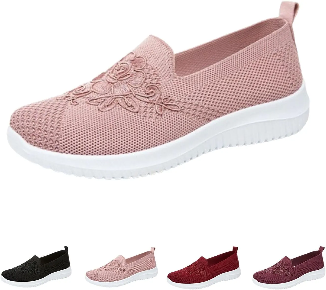 Women's Knitted Embroidery Casual Walking Sneakers,Flower Embroidery Slip On Mesh Breathable Flat MoM Shoes