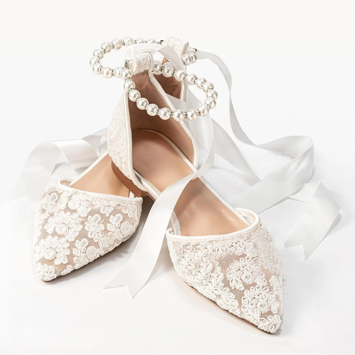 Women's Lace Mesh Pointed Toe Pearl Strap Flat Wedding Bridal Comfortable Shoes