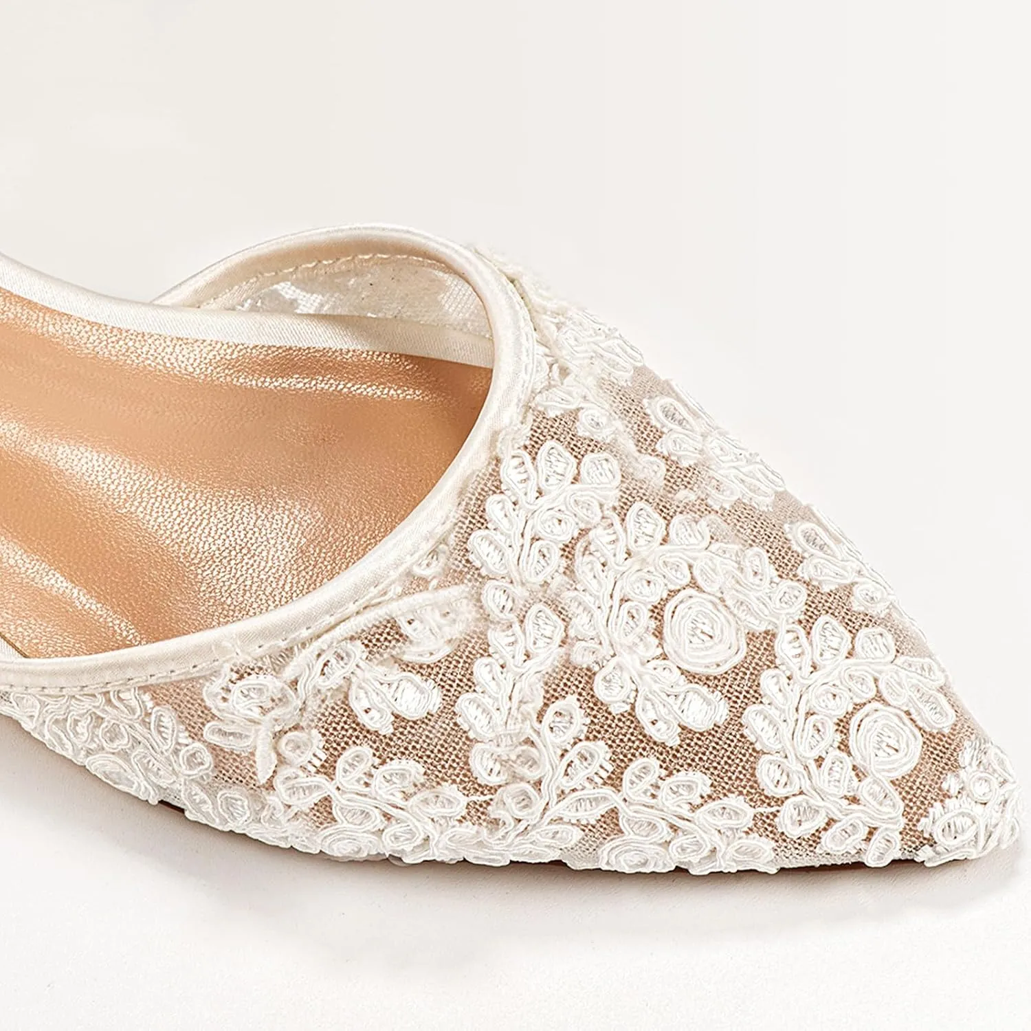 Women's Lace Mesh Pointed Toe Pearl Strap Flat Wedding Bridal Comfortable Shoes