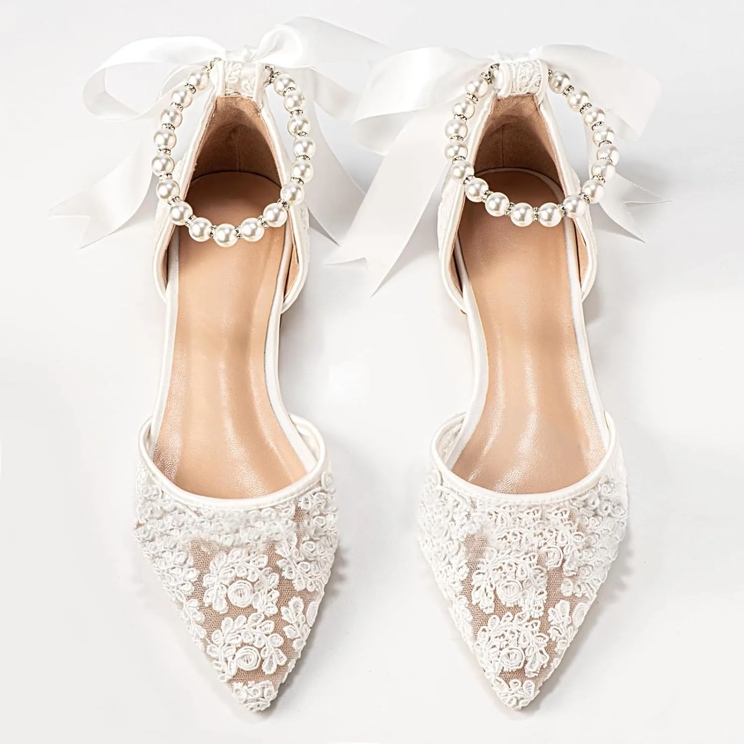 Women's Lace Mesh Pointed Toe Pearl Strap Flat Wedding Bridal Comfortable Shoes
