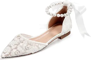 Women's Lace Mesh Pointed Toe Pearl Strap Flat Wedding Bridal Comfortable Shoes