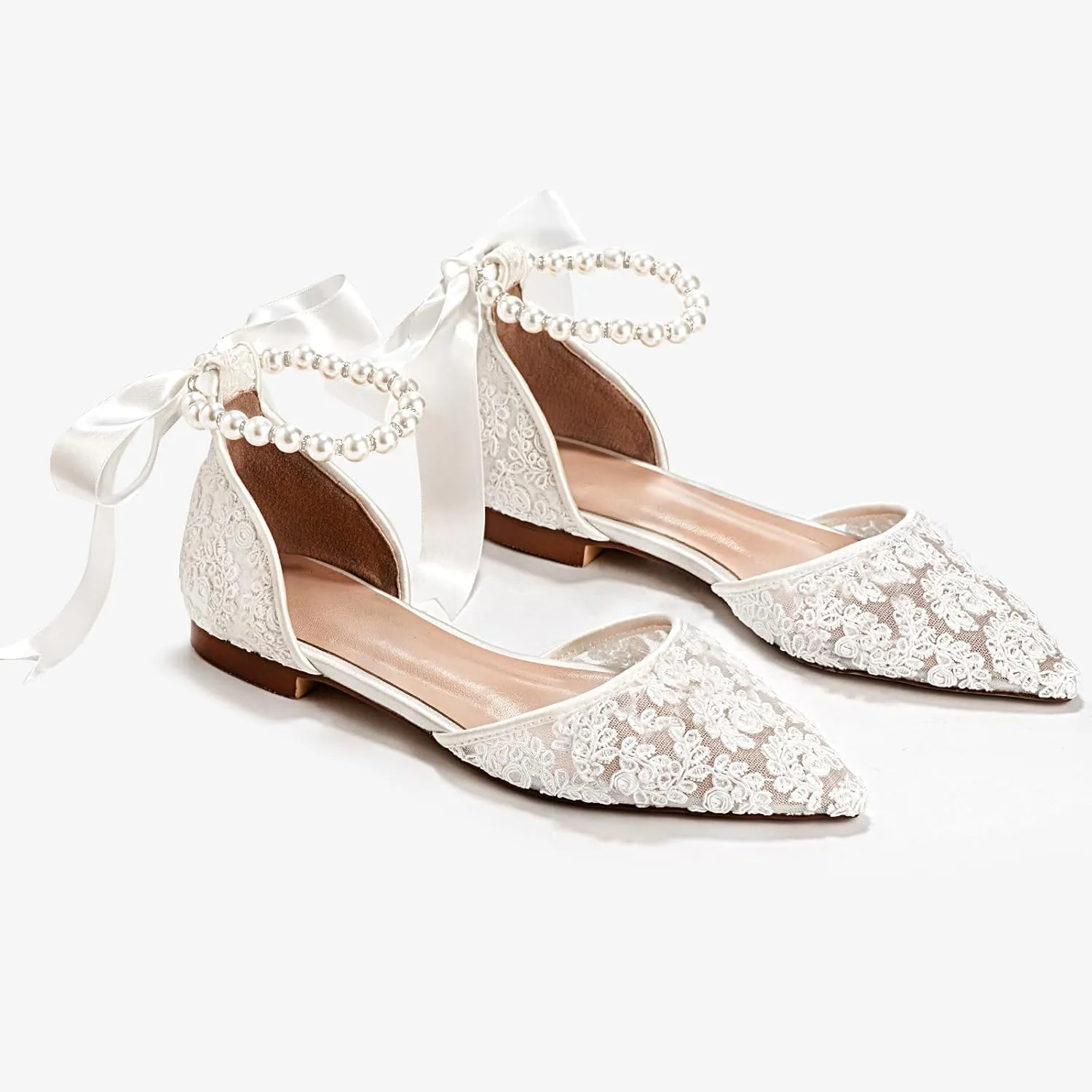 Women's Lace Mesh Pointed Toe Pearl Strap Flat Wedding Bridal Comfortable Shoes