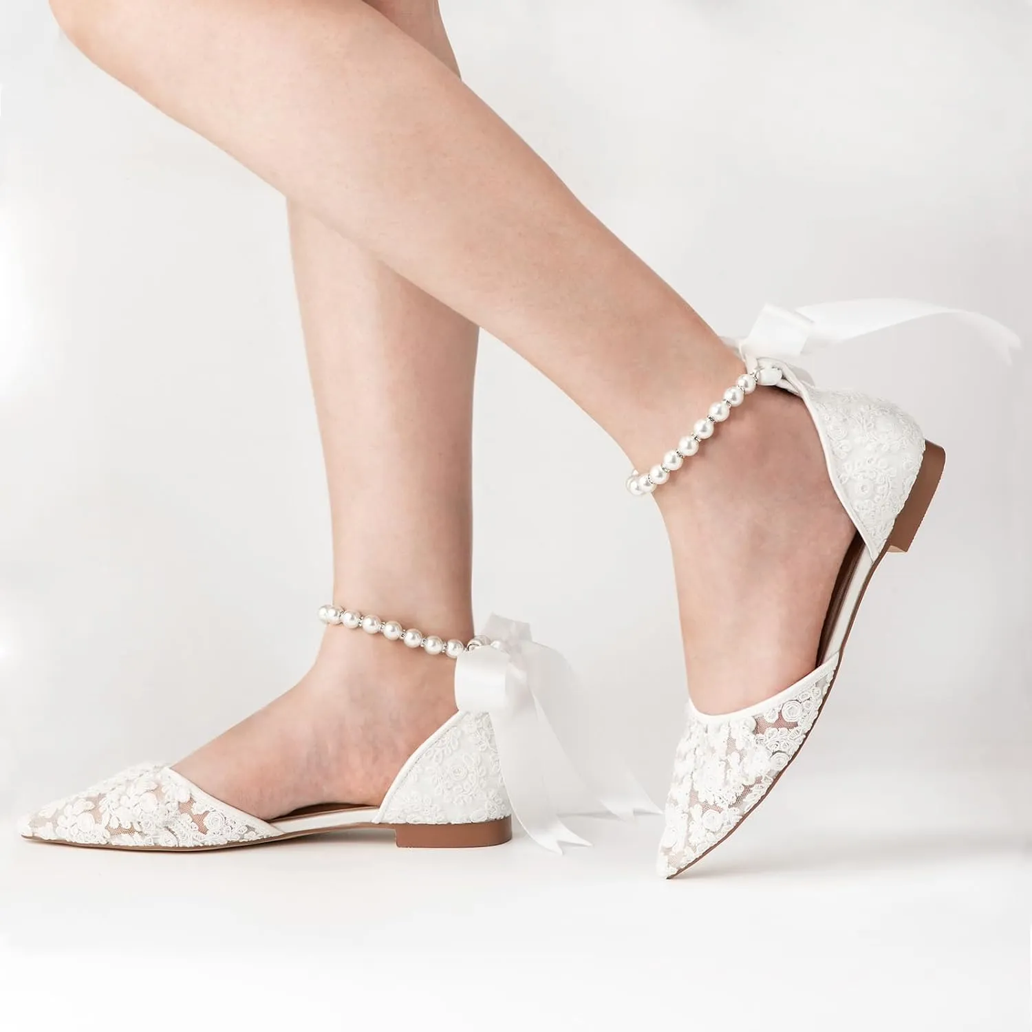 Women's Lace Mesh Pointed Toe Pearl Strap Flat Wedding Bridal Comfortable Shoes