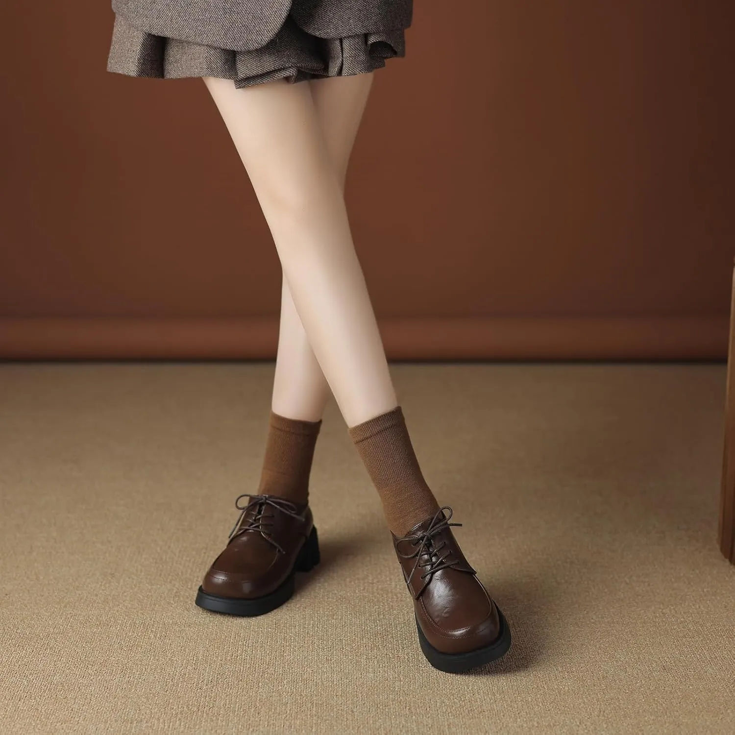 Womens Lace up Pumps Fashionable Round Toe Oxfords with Block Heel
