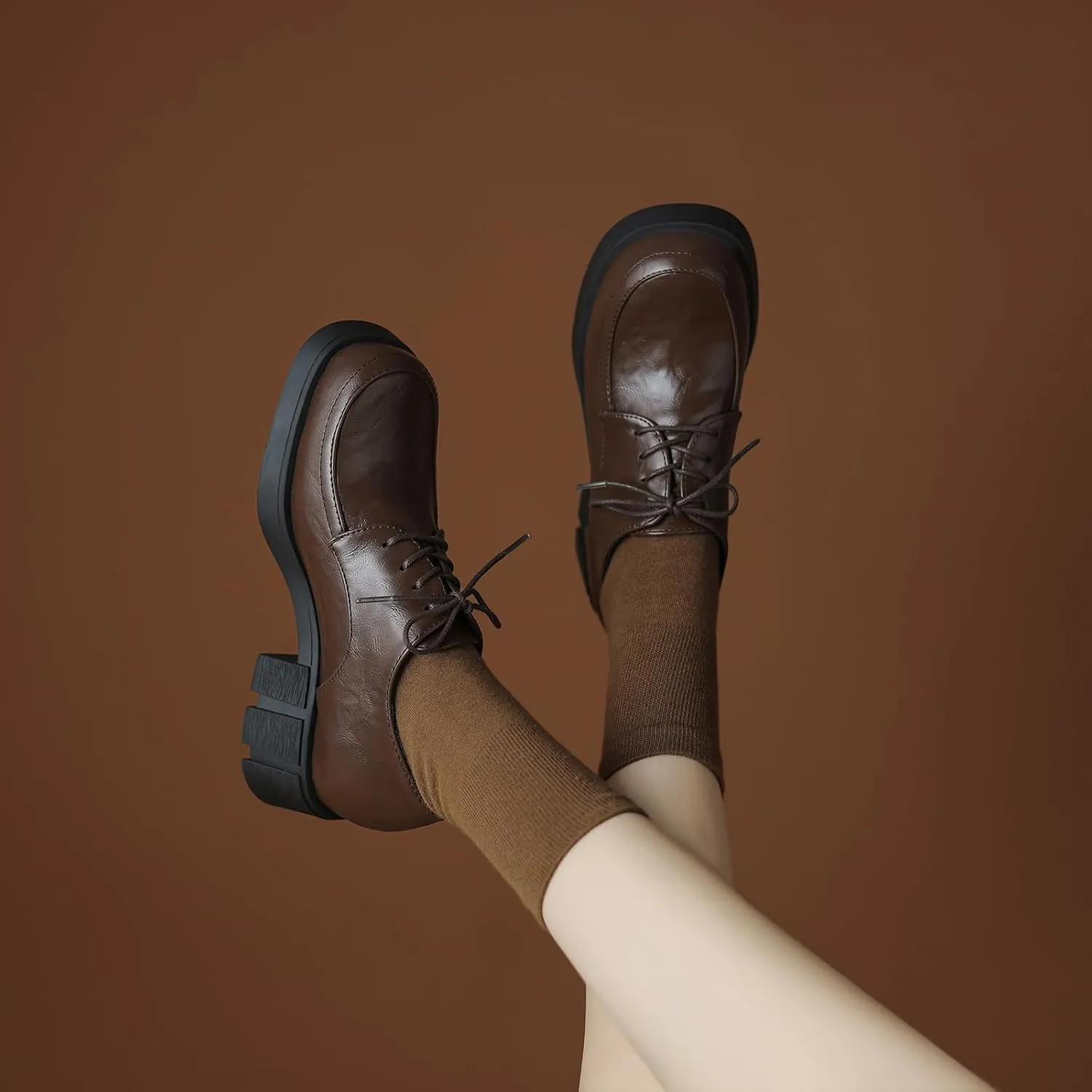 Womens Lace up Pumps Fashionable Round Toe Oxfords with Block Heel