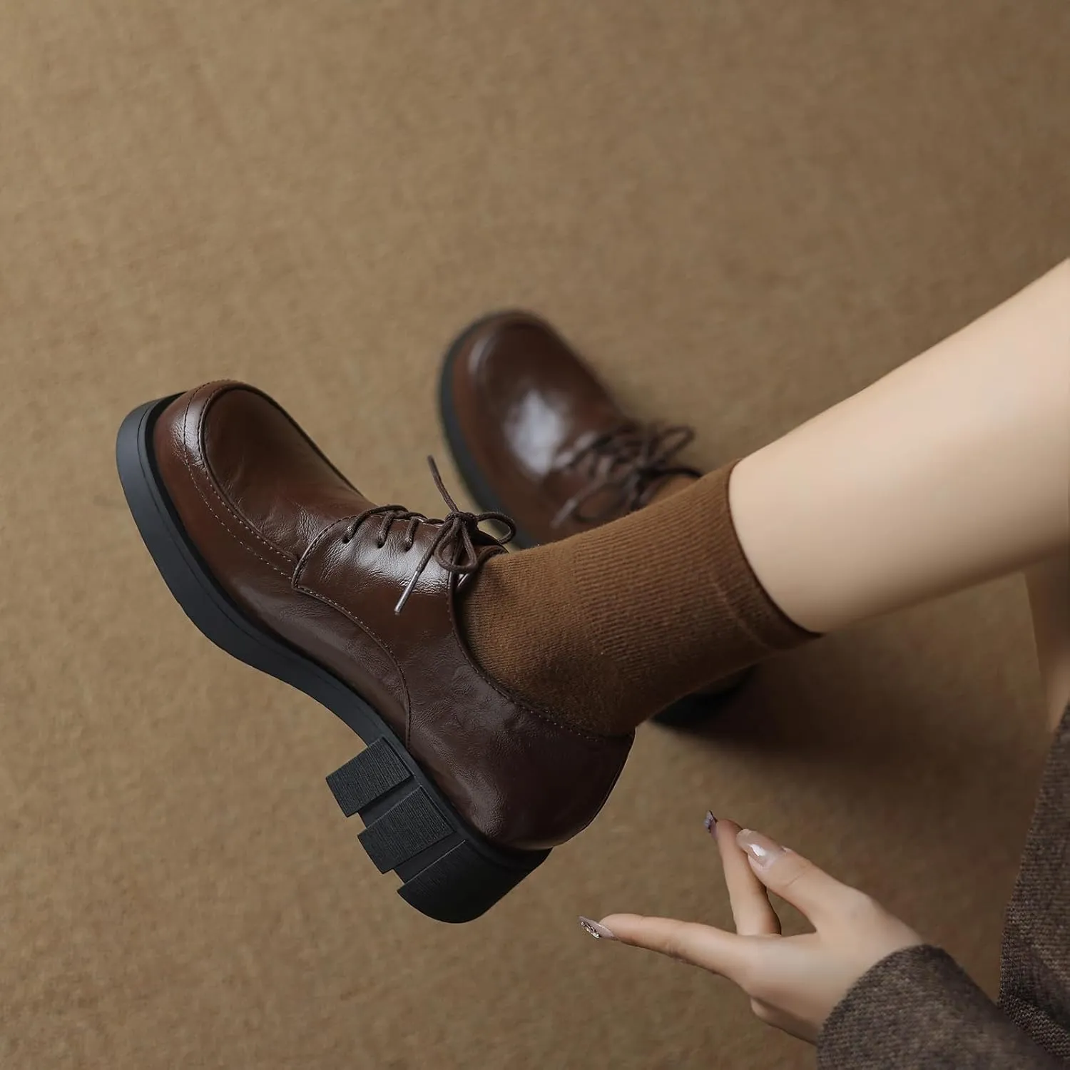 Womens Lace up Pumps Fashionable Round Toe Oxfords with Block Heel