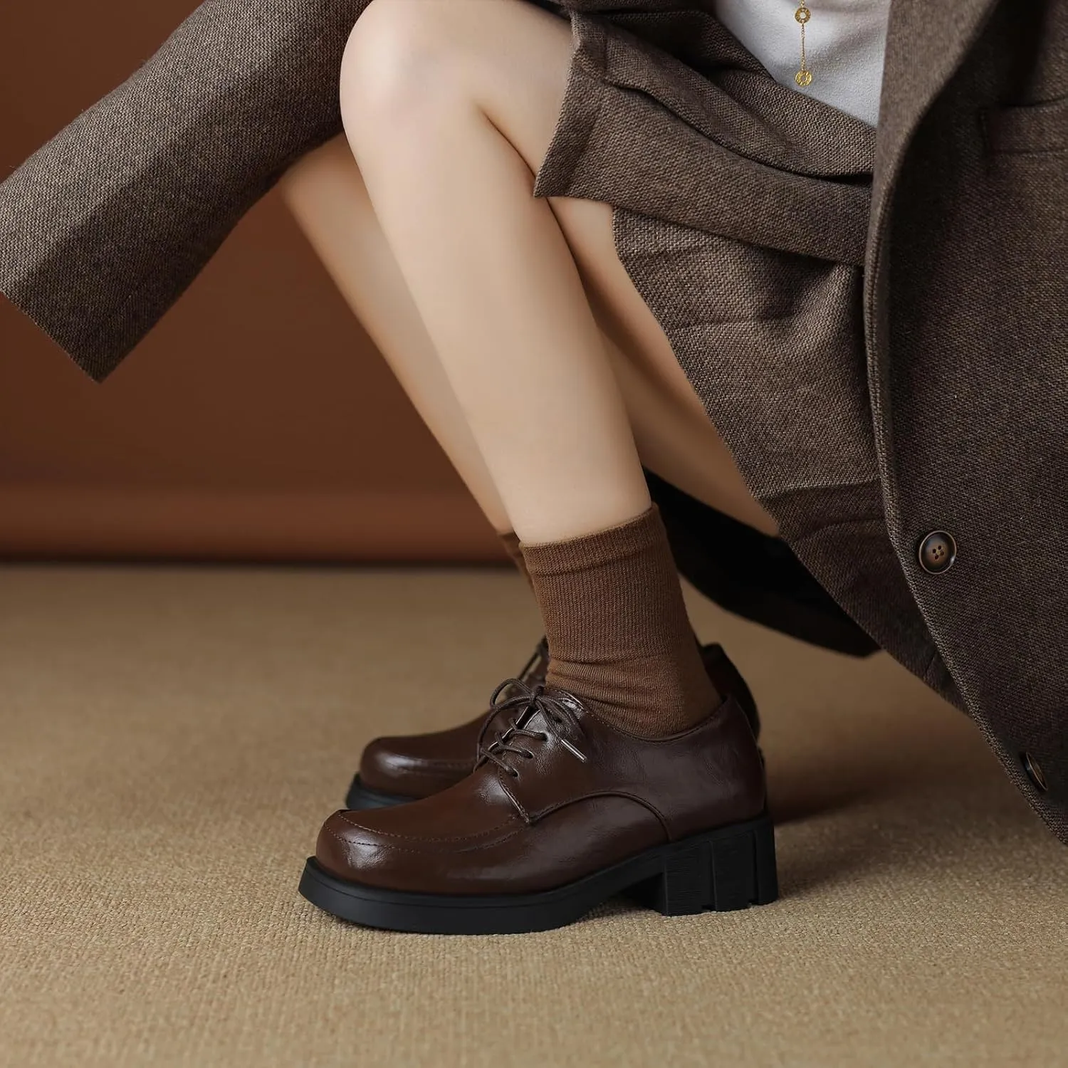 Womens Lace up Pumps Fashionable Round Toe Oxfords with Block Heel