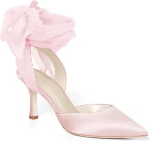 Womens Lace up Satin Heels Bow Pointed Closed Toe Bridal Dress Shoes Low Heel Wedding Elegant Pumps