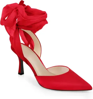 Womens Lace up Satin Heels Bow Pointed Closed Toe Bridal Dress Shoes Low Heel Wedding Elegant Pumps