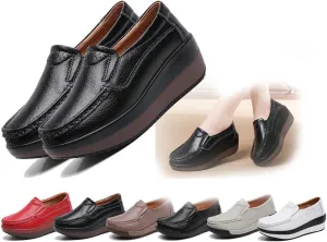 Women's Leather Lace up Slip On Platform Loafers,Comfortable Arch Support Round Toe Wedge Non-Slip Increase Wide Low Top Casual Platform Shoes