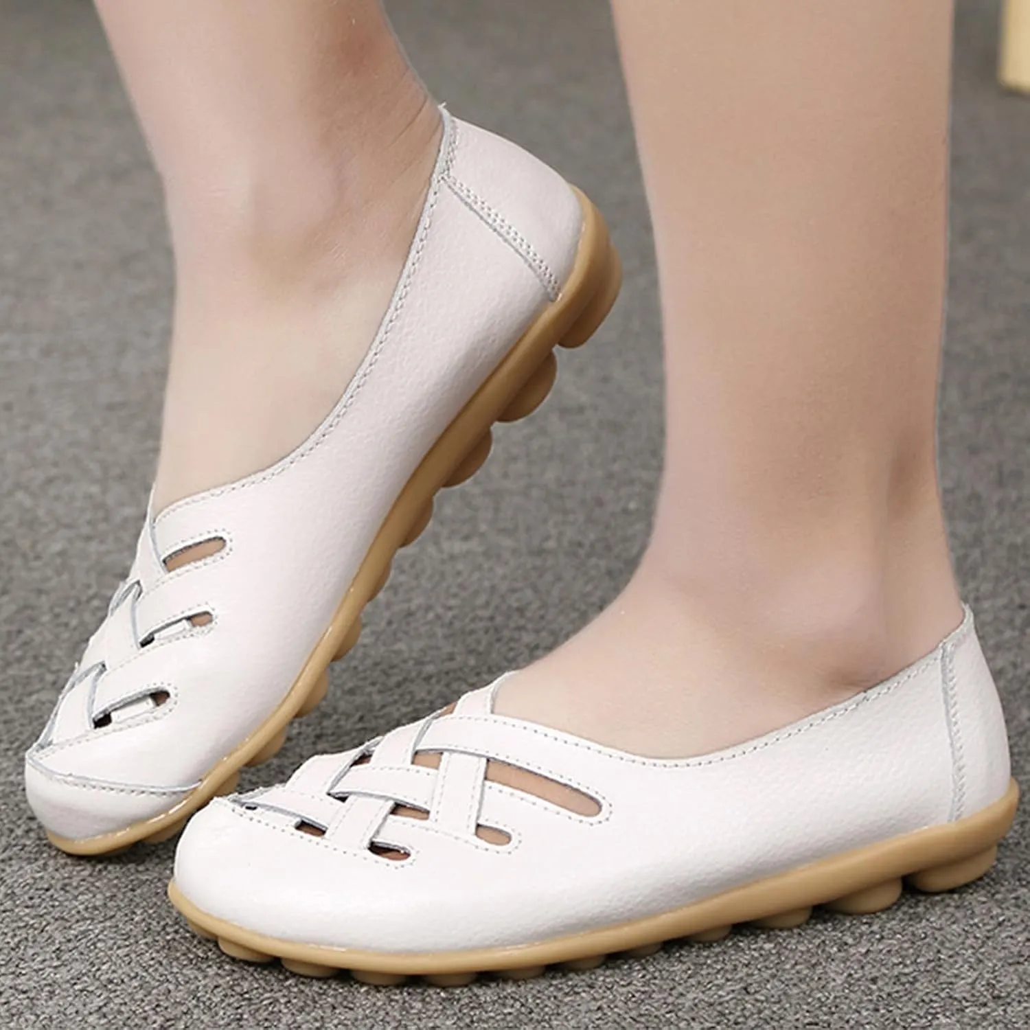 Women's Leather Loafers Walking Casual Orthopedic Loafers Summer Breathable Driving Flats Comfortable Slip On Baech Shoes