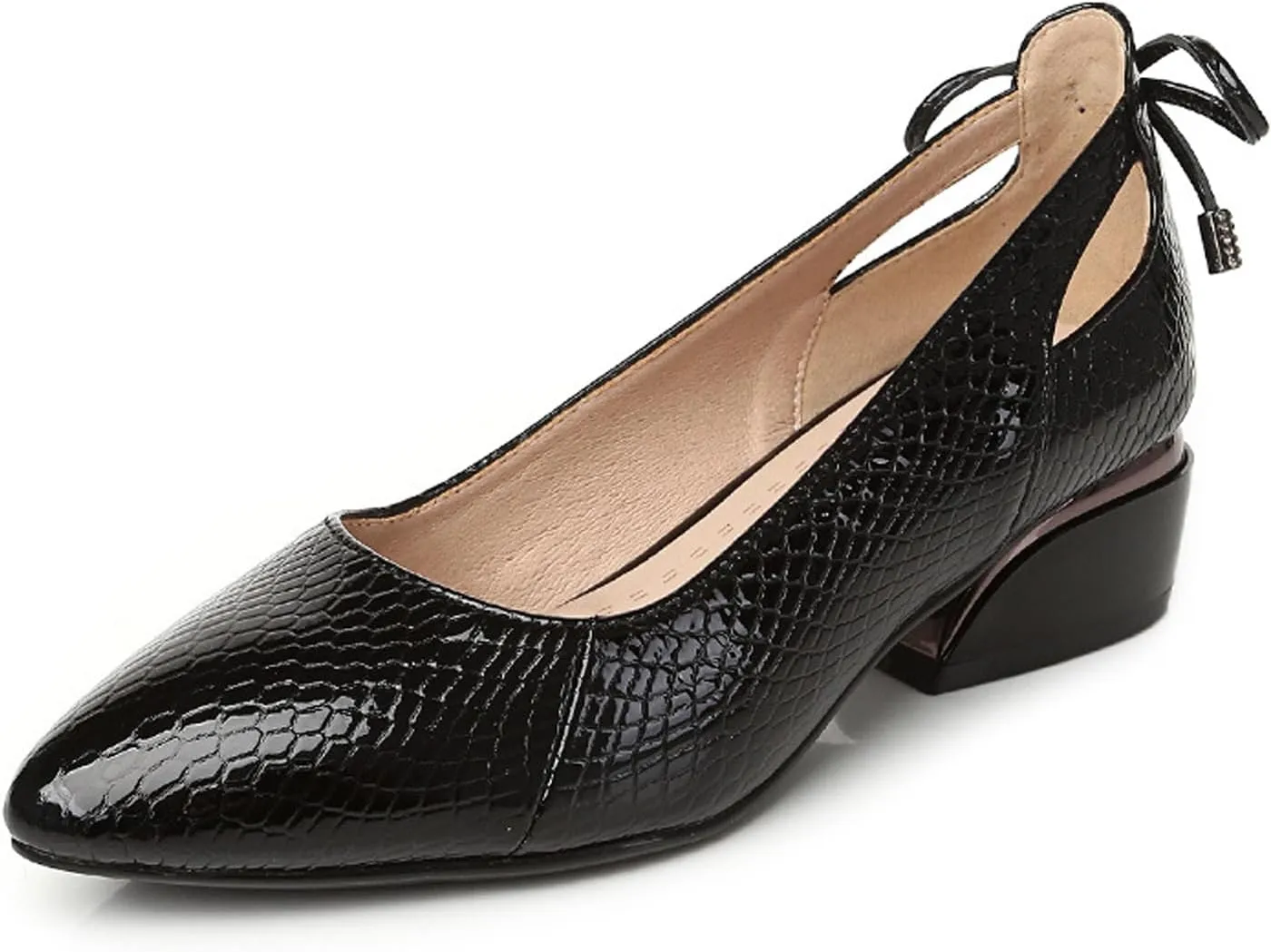 Women's Leather Printed Blocks Chunky Low Heel Pumps Elegant Closed Pointed Soft Sole Non-Slip Slip-On Low Heel Work Formal Shoes Business Wedding Pumps Bow Decoration