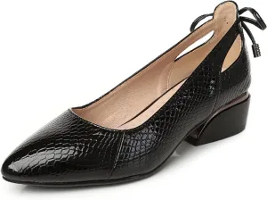 Women's Leather Printed Blocks Chunky Low Heel Pumps Elegant Closed Pointed Soft Sole Non-Slip Slip-On Low Heel Work Formal Shoes Business Wedding Pumps Bow Decoration