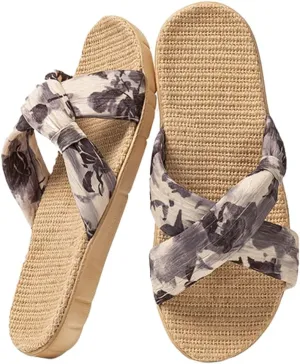 Women’s Linen Open Toe Slippers Fashion Cross Band Summer Beach Slide Sandals 2025 EVA Sole Slip On Bedroom Indoor Shoes