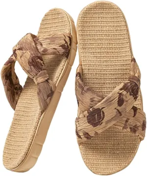 Women’s Linen Open Toe Slippers Fashion Cross Band Summer Beach Slide Sandals 2025 EVA Sole Slip On Bedroom Indoor Shoes