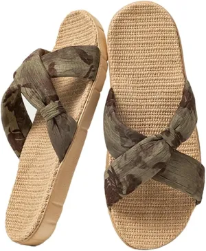 Women’s Linen Open Toe Slippers Fashion Cross Band Summer Beach Slide Sandals 2025 EVA Sole Slip On Bedroom Indoor Shoes