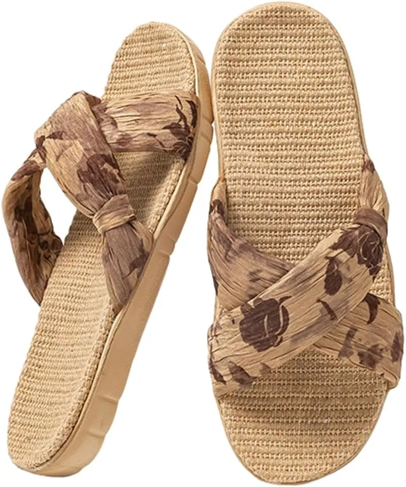 Women’s Linen Open Toe Slippers Fashion Cross Band Summer Beach Slide Sandals 2025 EVA Sole Slip On Bedroom Indoor Shoes