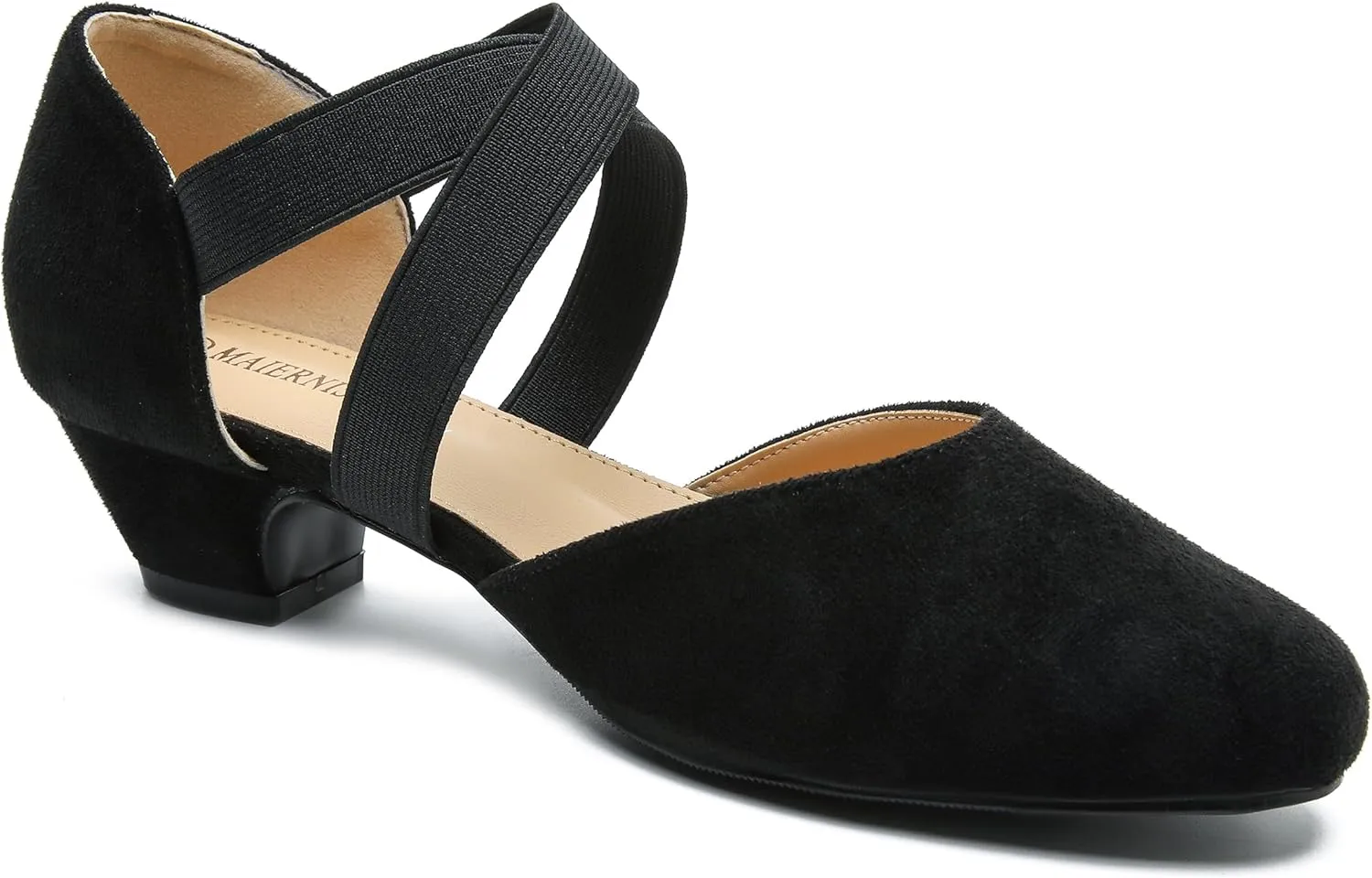Women's Low Chunky Heel Pumps Elastic Crisscross Strap Pull On Dress Dance Shoes