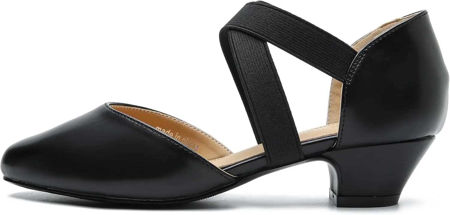 Women's Low Chunky Heel Pumps Elastic Crisscross Strap Pull On Dress Dance Shoes