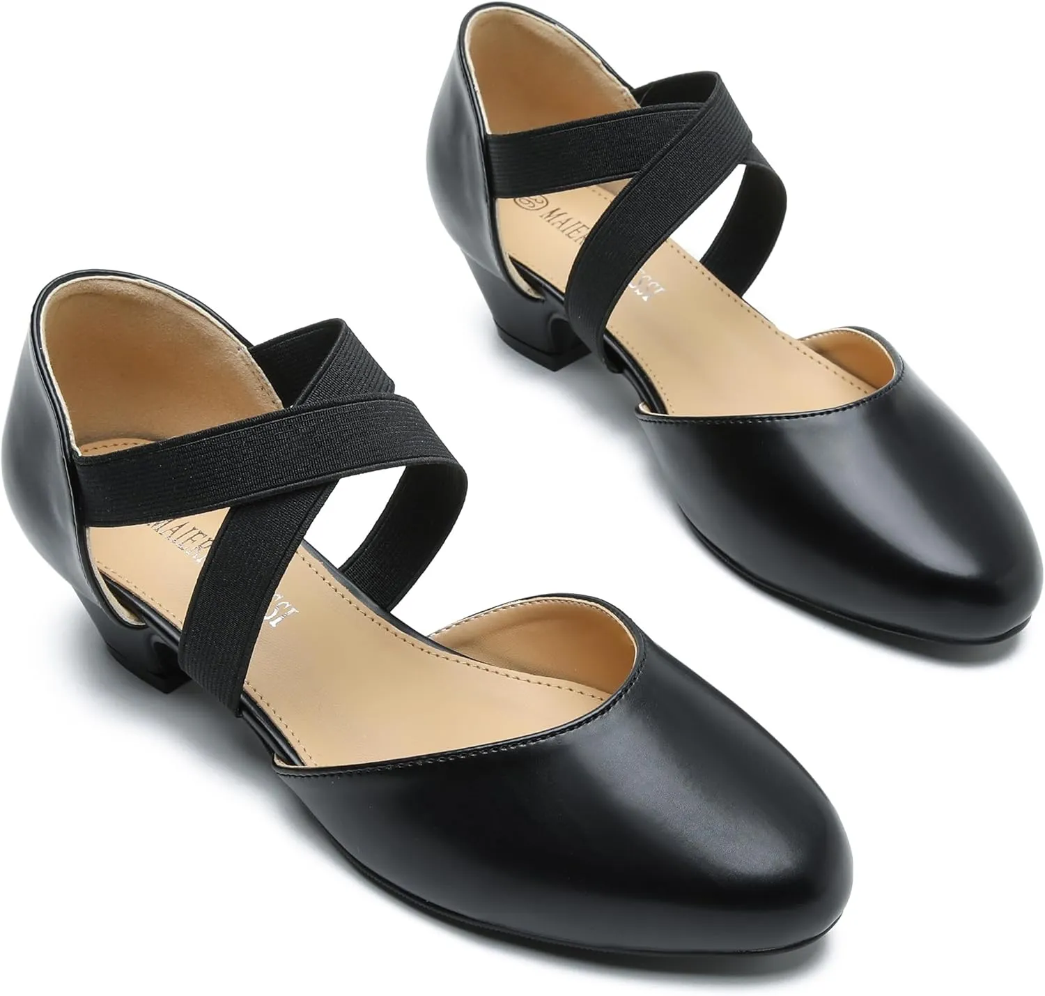 Women's Low Chunky Heel Pumps Elastic Crisscross Strap Pull On Dress Dance Shoes