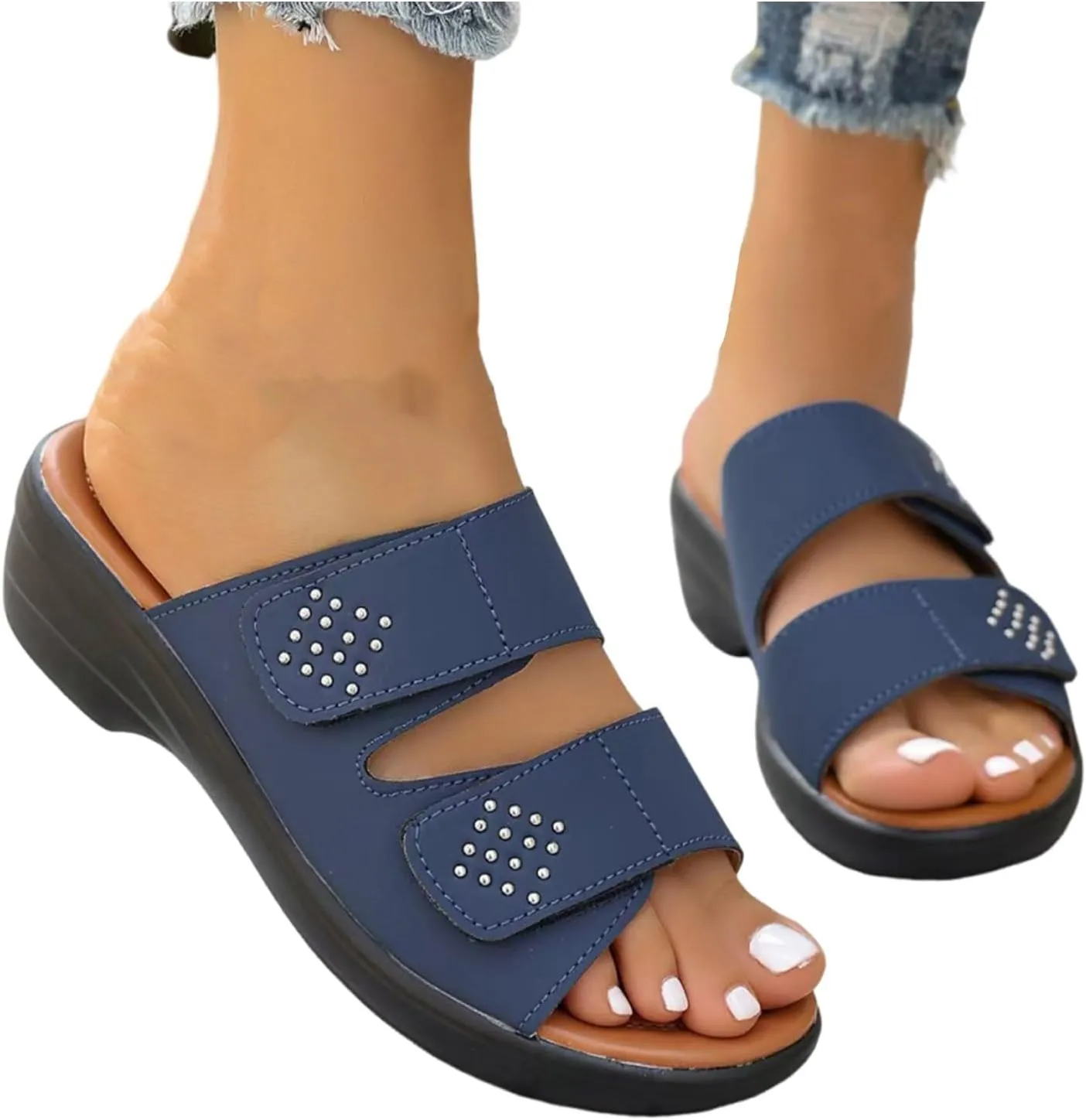 Womens Low Wedge Sandals Fashion Slip on Slides Comfort Indoor Outdoor Arch Support Sandal Trendy Casual Beach Shoes