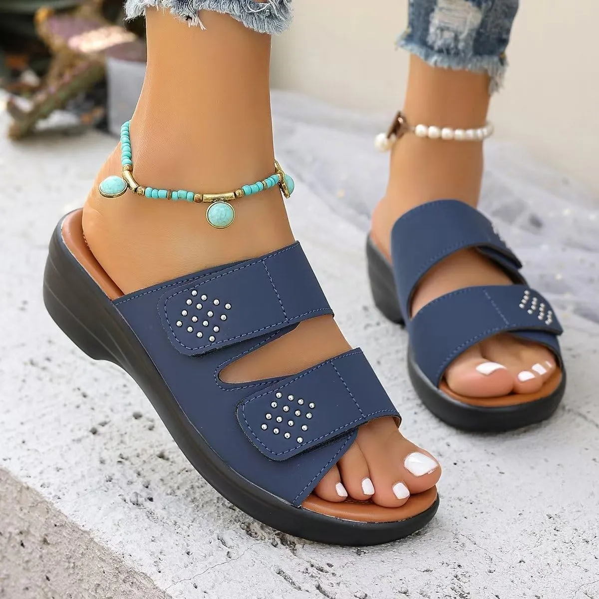 Womens Low Wedge Sandals Fashion Slip on Slides Comfort Indoor Outdoor Arch Support Sandal Trendy Casual Beach Shoes