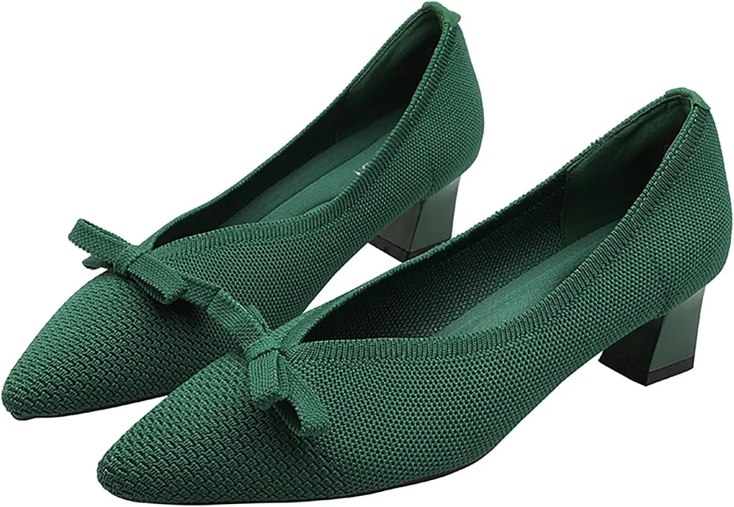 Women's Mesh Bow Low Chunky Heel Pumps Fashion Closed Pointed Toe Knit Slip-On Block Heels Dress Shoes for Wedding Party
