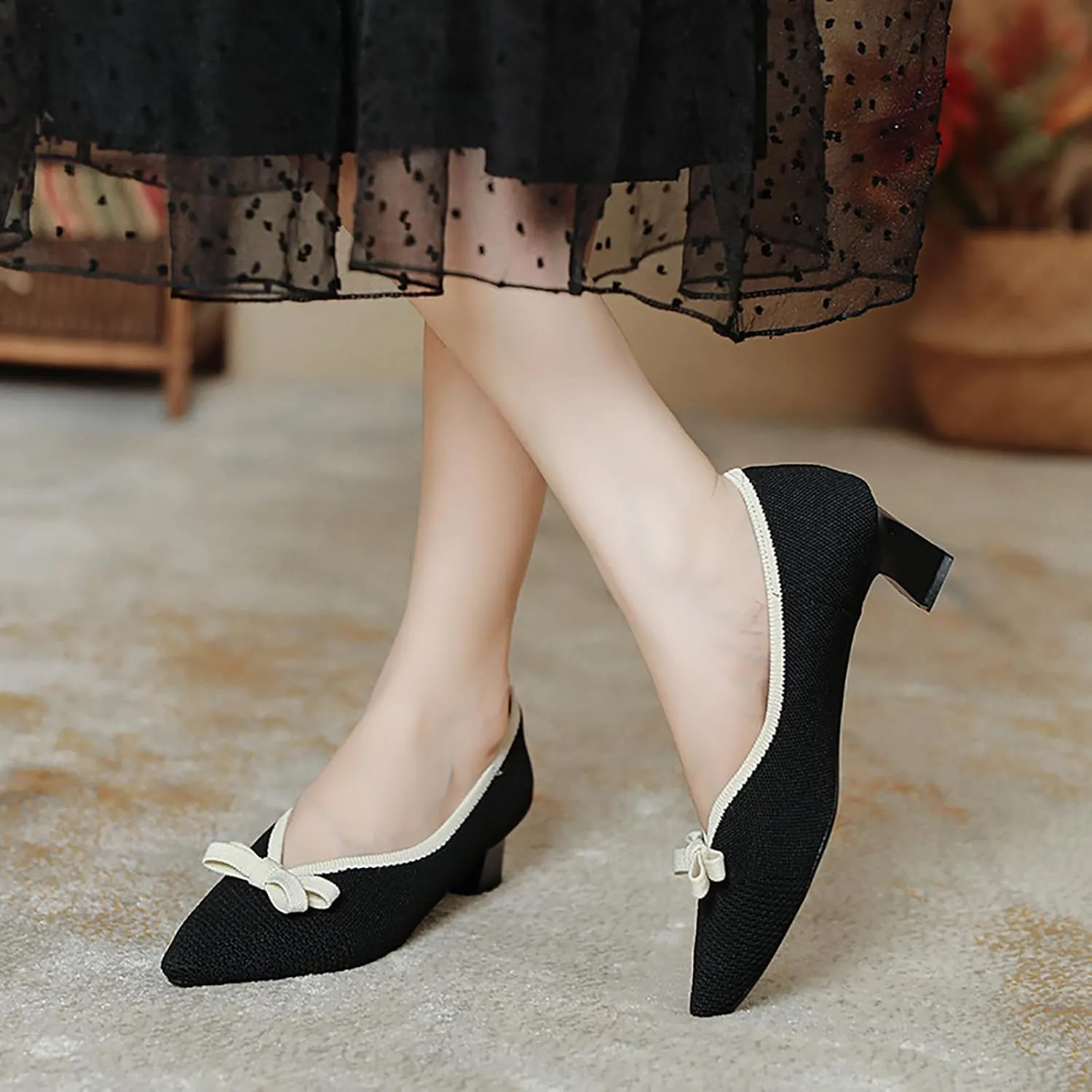 Women's Mesh Bow Low Chunky Heel Pumps Fashion Closed Pointed Toe Knit Slip-On Block Heels Dress Shoes for Wedding Party