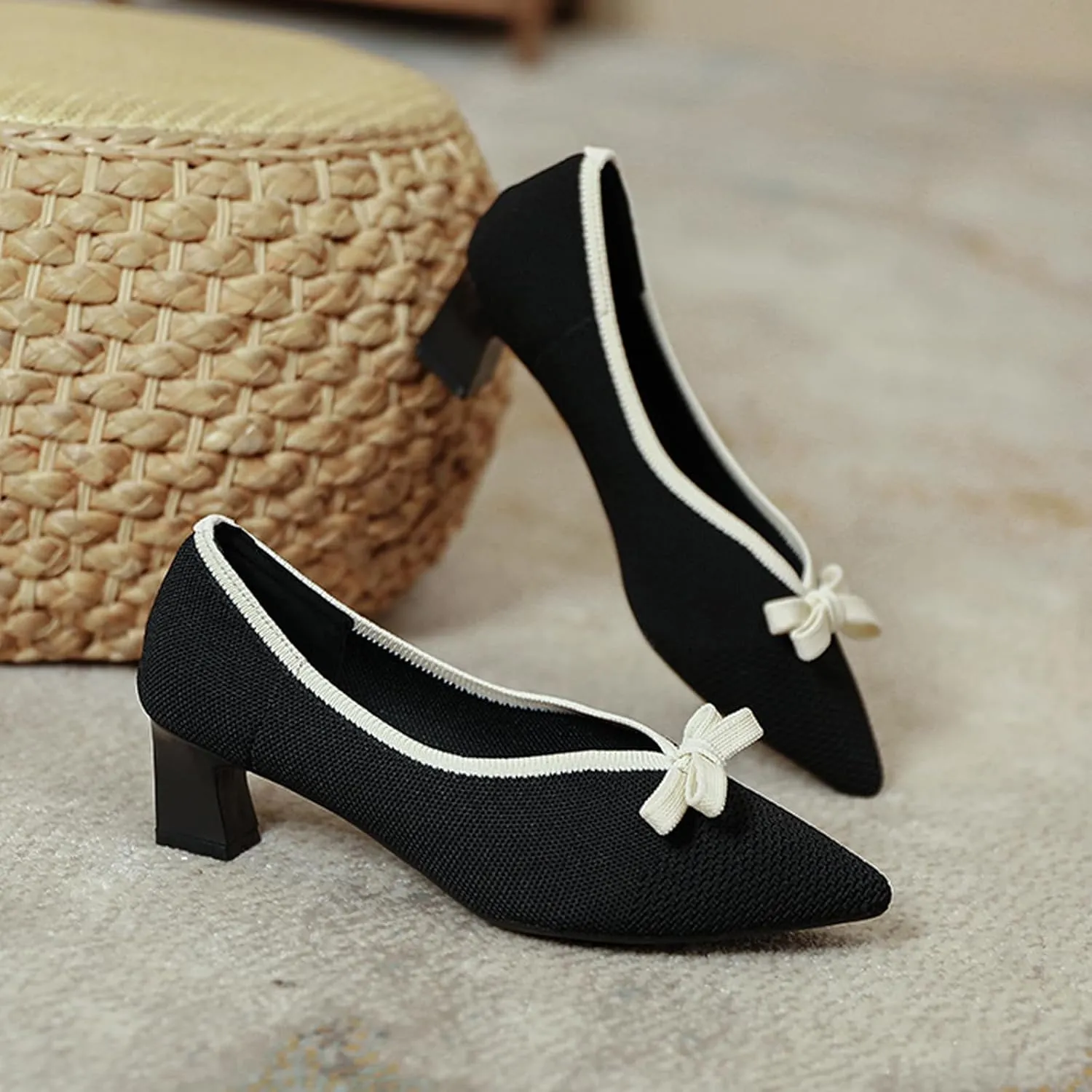 Women's Mesh Bow Low Chunky Heel Pumps Fashion Closed Pointed Toe Knit Slip-On Block Heels Dress Shoes for Wedding Party