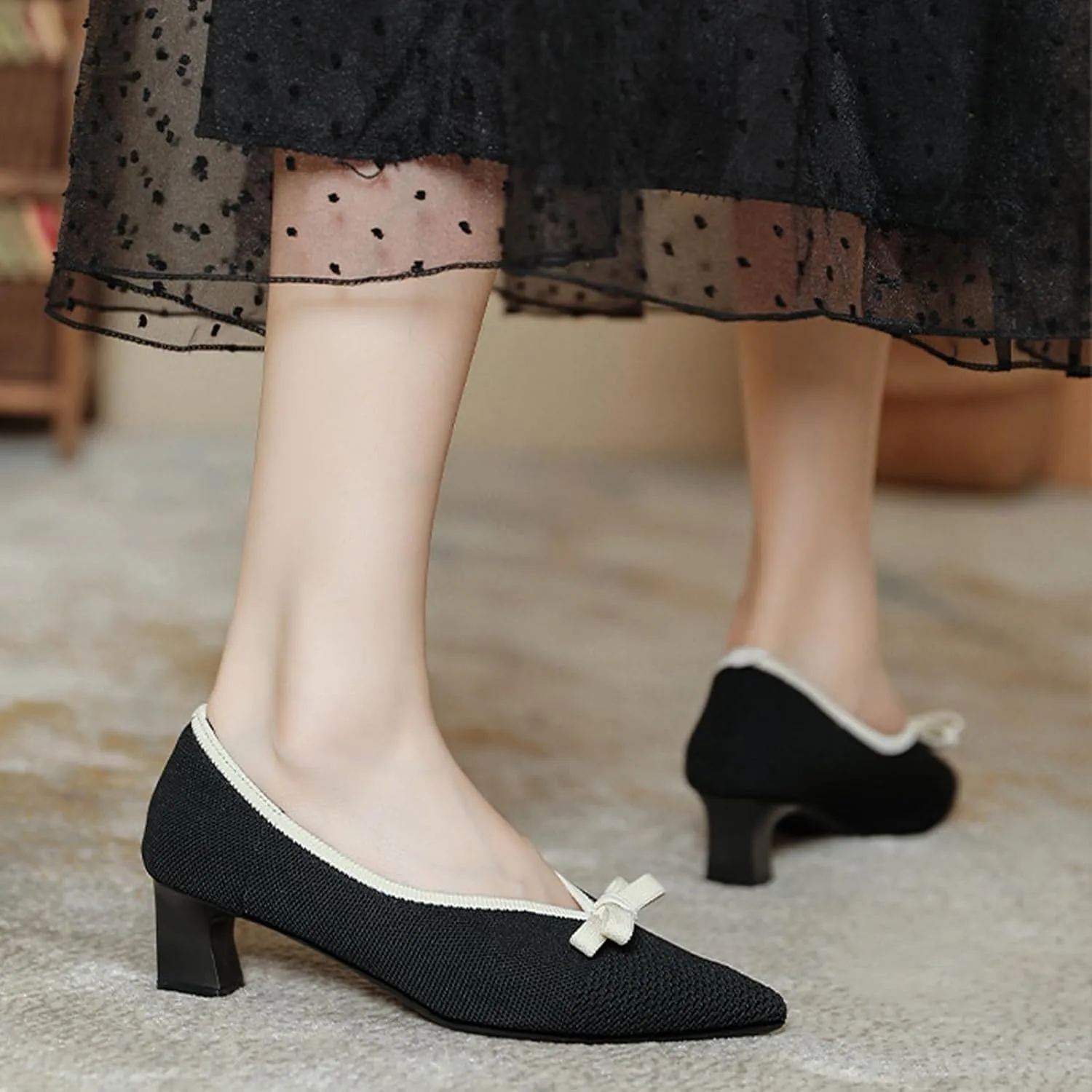 Women's Mesh Bow Low Chunky Heel Pumps Fashion Closed Pointed Toe Knit Slip-On Block Heels Dress Shoes for Wedding Party