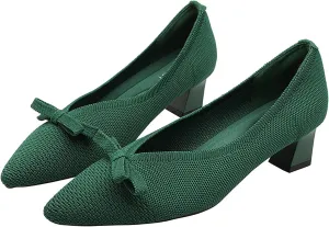 Women's Mesh Bow Low Chunky Heel Pumps Fashion Closed Pointed Toe Knit Slip-On Block Heels Dress Shoes for Wedding Party