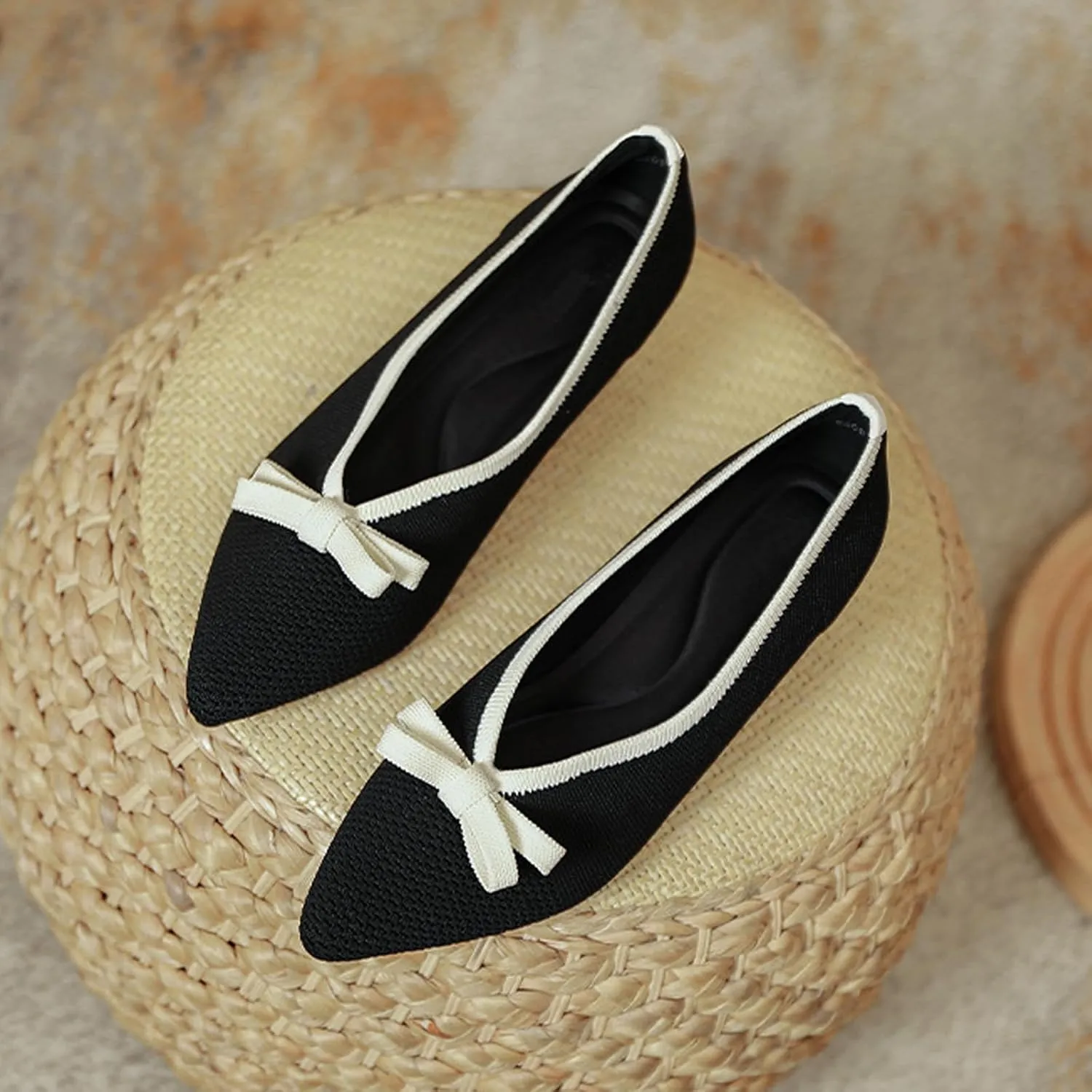 Women's Mesh Bow Low Chunky Heel Pumps Fashion Closed Pointed Toe Knit Slip-On Block Heels Dress Shoes for Wedding Party