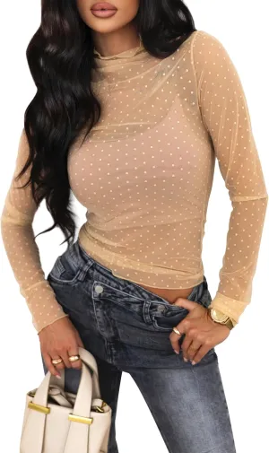 Womens Mesh Sheer Lace Laying Top Mock Neck Long Sleeve Polka Dot See Through Shirt Blouses Tops