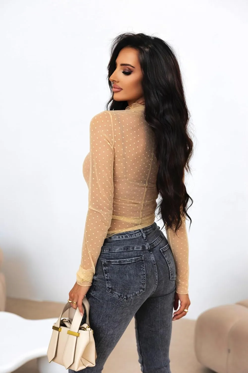 Womens Mesh Sheer Lace Laying Top Mock Neck Long Sleeve Polka Dot See Through Shirt Blouses Tops