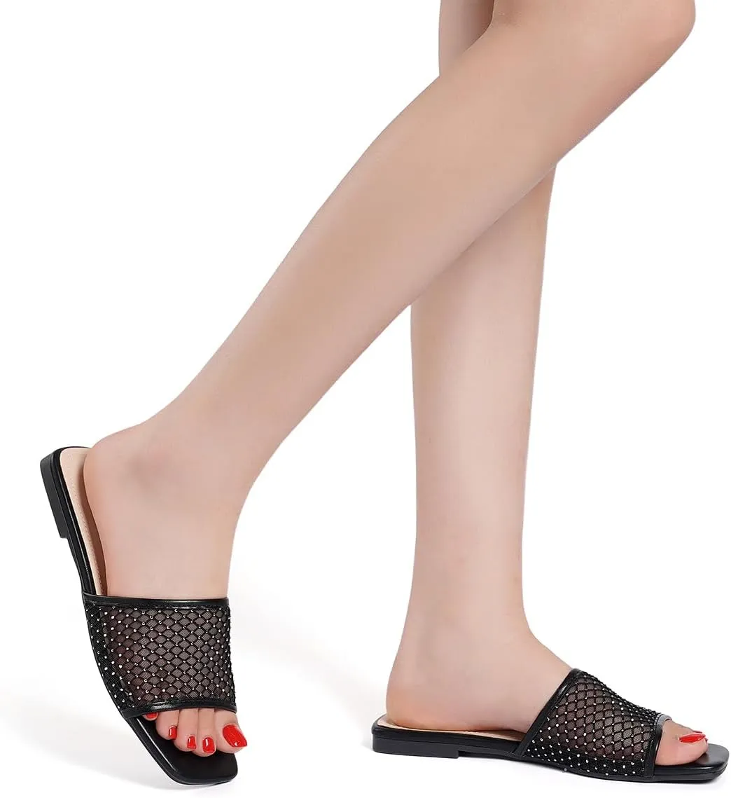 Women's Mesh Slide Sandals, Open Toe Slip-On Flat Summer Shoes, Breathable Square Toe Slippers