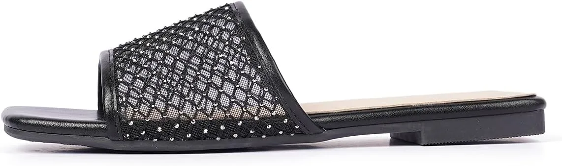 Women's Mesh Slide Sandals, Open Toe Slip-On Flat Summer Shoes, Breathable Square Toe Slippers