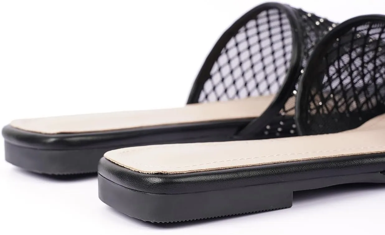 Women's Mesh Slide Sandals, Open Toe Slip-On Flat Summer Shoes, Breathable Square Toe Slippers