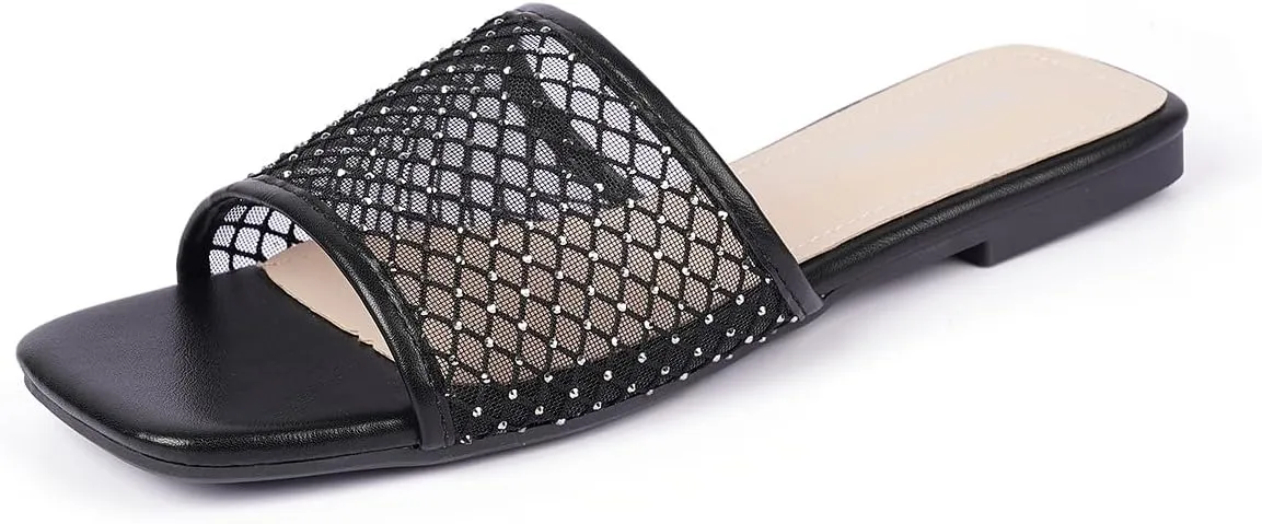Women's Mesh Slide Sandals, Open Toe Slip-On Flat Summer Shoes, Breathable Square Toe Slippers