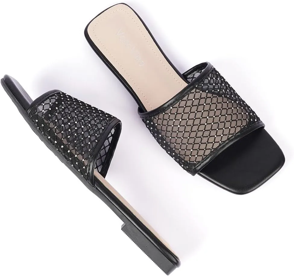 Women's Mesh Slide Sandals, Open Toe Slip-On Flat Summer Shoes, Breathable Square Toe Slippers