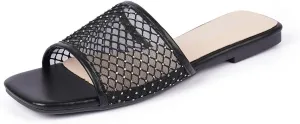 Women's Mesh Slide Sandals, Open Toe Slip-On Flat Summer Shoes, Breathable Square Toe Slippers