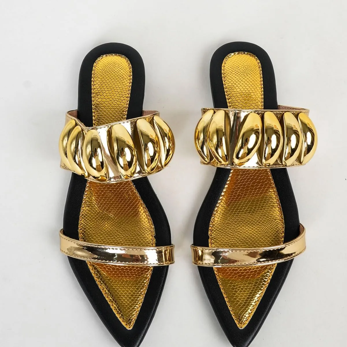 Women's Metallic Pointed Toe Flat Slide Sandals Open Toe Snake Print Lightweight Non-slip Slip On Dressy Sandals