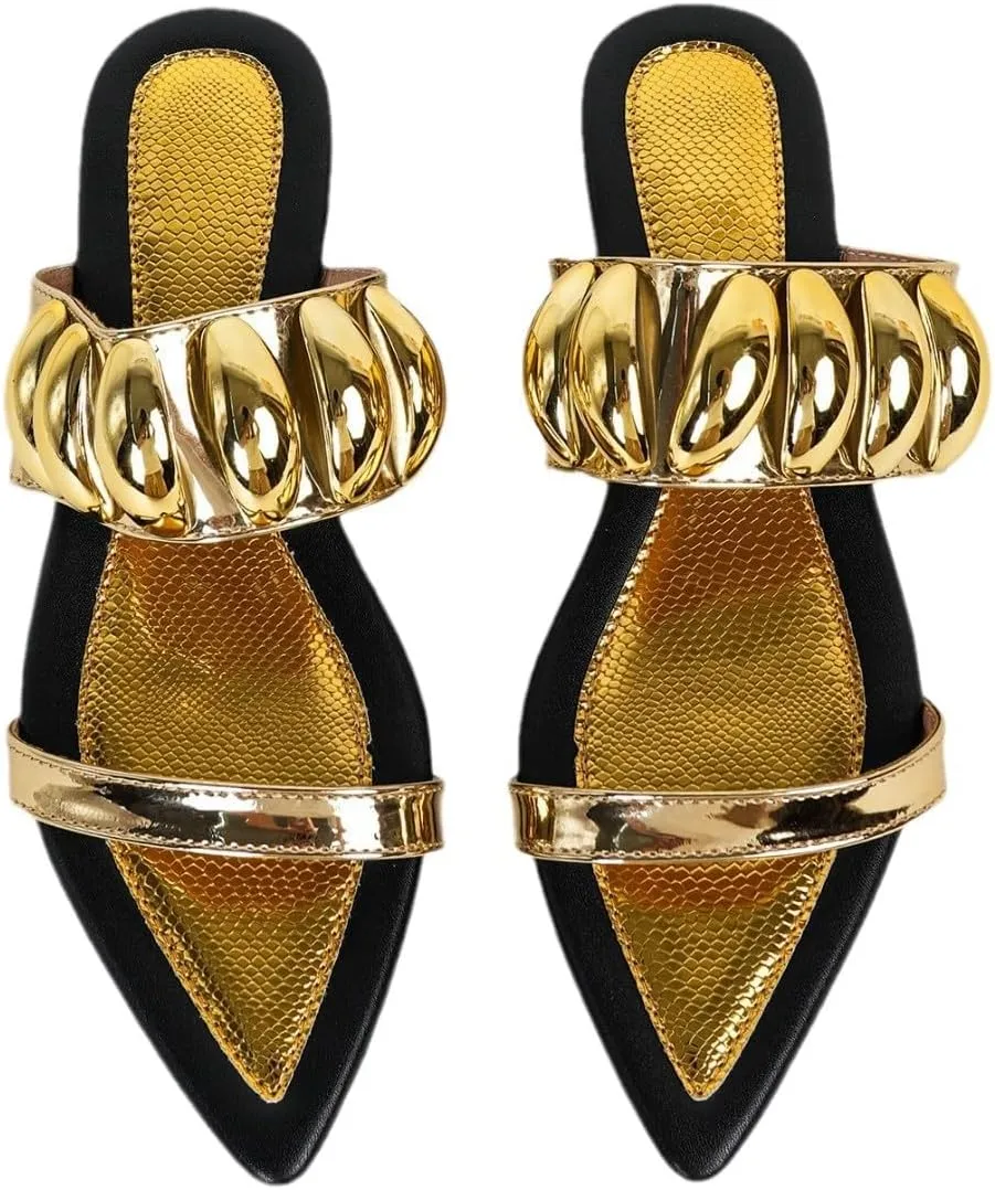 Women's Metallic Pointed Toe Flat Slide Sandals Open Toe Snake Print Lightweight Non-slip Slip On Dressy Sandals