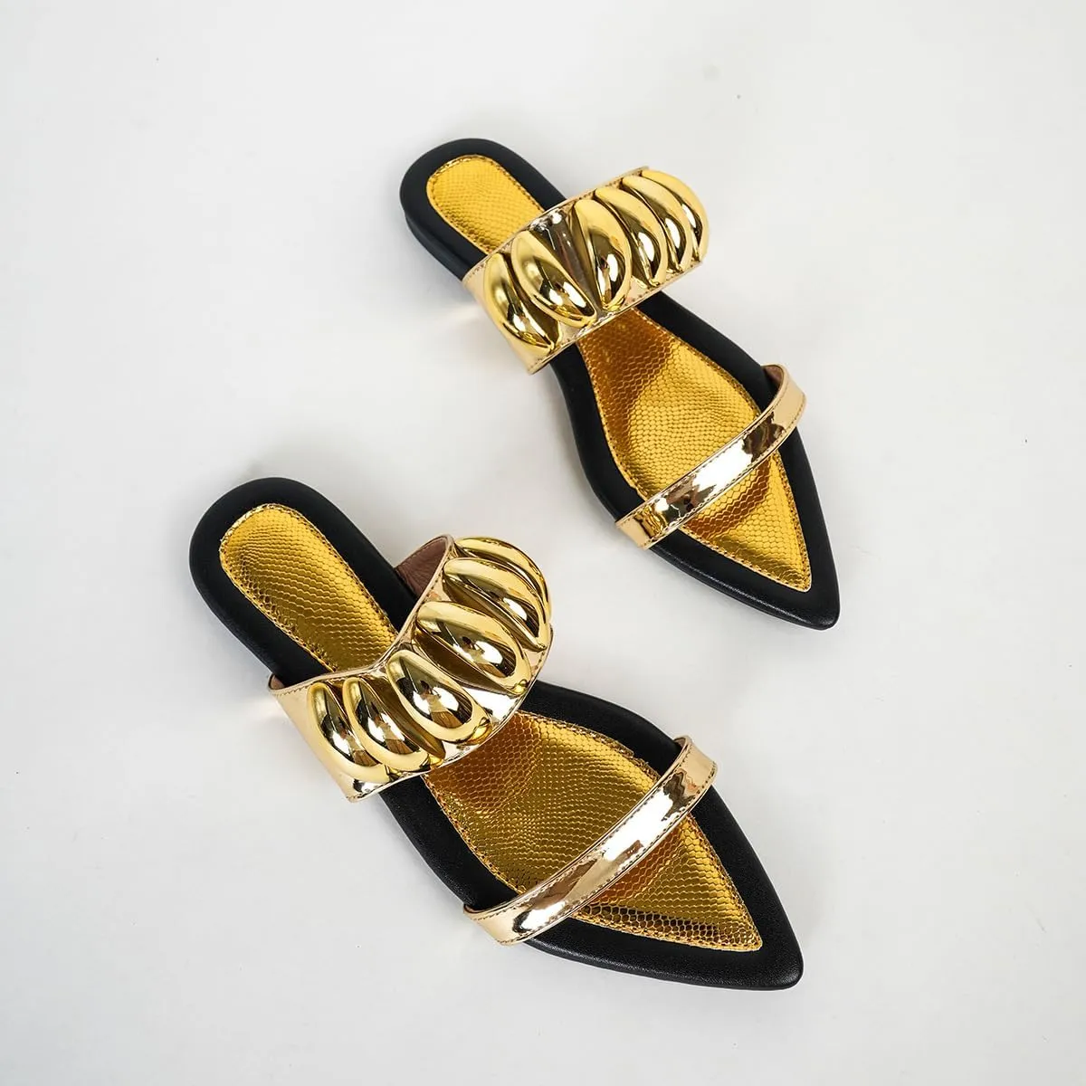 Women's Metallic Pointed Toe Flat Slide Sandals Open Toe Snake Print Lightweight Non-slip Slip On Dressy Sandals