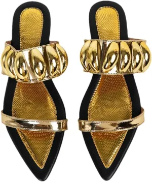 Women's Metallic Pointed Toe Flat Slide Sandals Open Toe Snake Print Lightweight Non-slip Slip On Dressy Sandals